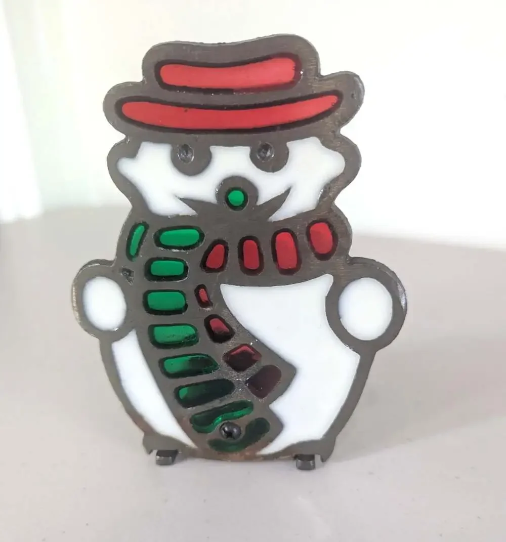 Vintage Snowman Stained Glass Style Christmas Tealight Candle Holder Holiday Dec